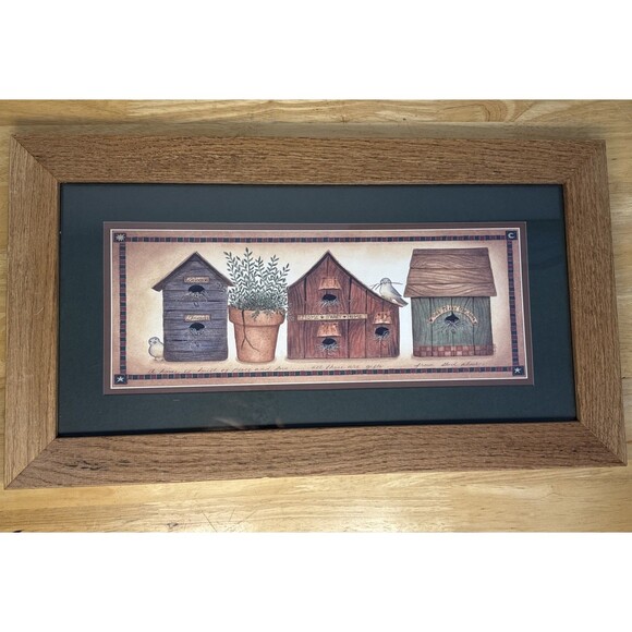 Other - Linda Spivey Art Print Wood Framed Birdhouse w/Potted Plant 23" x 13” God Bless